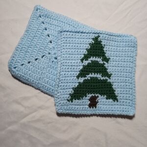 Handmade Blue Crochet Coasters with Green Tree Design
